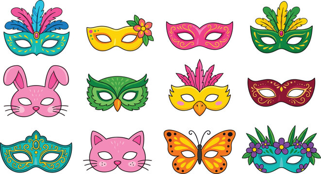 "Colorful vector illustration of twelve unique masquerade masks with festive designs for carnival, party, and costume themes"