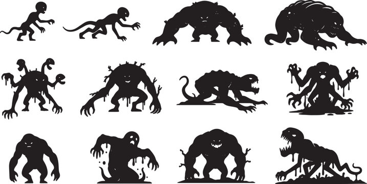 Collection of twelve diverse black monster silhouettes on white. Includes mutant beasts, ghouls, alien creatures with claws, tentacles, and dripping textures in various aggressive poses.