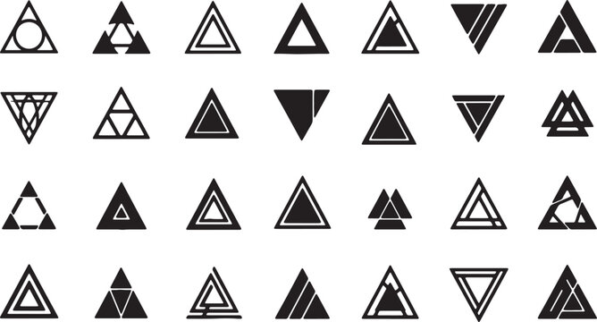 Collection of 28 unique black geometric triangle icons and minimalist logo symbols. Abstract shapes featuring alchemy, rune, and modern graphic design elements on a white background.