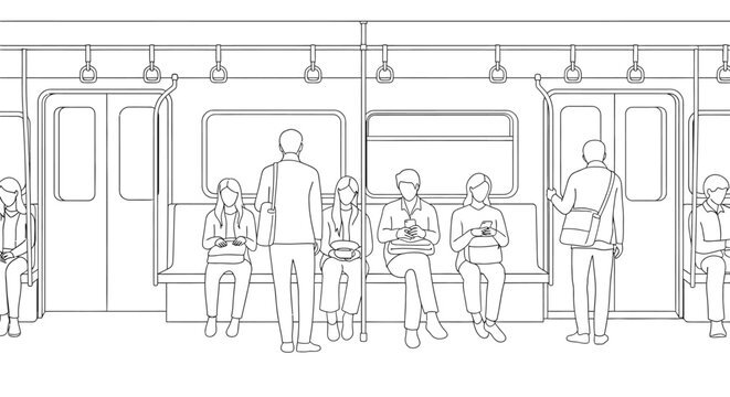 Diverse passengers standing and sitting during a commute on a modern public transport vehicle