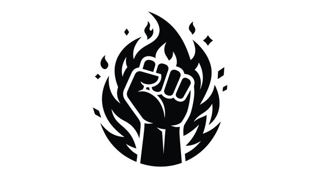 Bold black and white vector illustration depicting a powerful human fist engulfed in intense flames