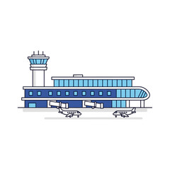 Naklejka premium Modern airport terminal illustration with airplanes and control tower design