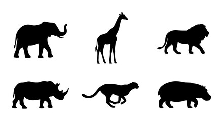 Fototapeta premium African Safari Animal Silhouettes Vector Set, Big Five Wildlife Icons, Zoo Creatures Collection, Nature Fauna Graphics