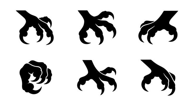 Six Black Claw Icons, Animal Paws, Predator Grips, Sharp Talons, Monster Hands, Vector Graphics