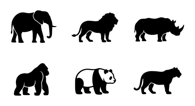African Wildlife Icons Set, Majestic Big Five Animals Silhouette Collection, Safari Zoo Creature Graphics, Vector Art