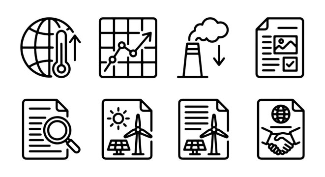 Climate Change Icons Set: Global Warming, Renewable Energy, Industry Impact, Research, and Sustainability Solutions