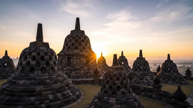 Majestic Borobudur Temple stupas with sunrise and morning mist in Central Java Indonesia