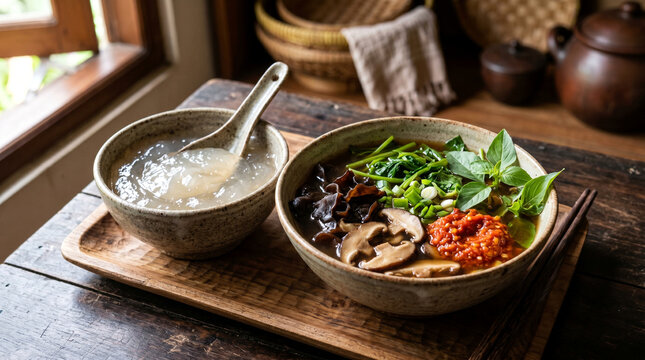 Vegetarian Papeda with Mushroom Broth and Indigenous Greens