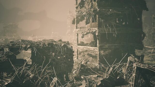 Wide view of ruined battlement and skyline, jagged silhouettes of collapsed structures under muted sky scattered reflective points create surreal digital