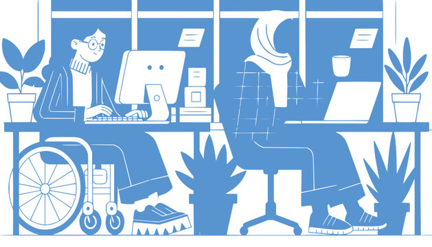 Diverse team working in office, inclusion and accessibility in workplace