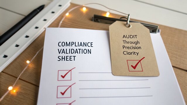 Compliance validation sheet with checklist and audit tag emphasizing clarity and precision for quality assurance process in business
