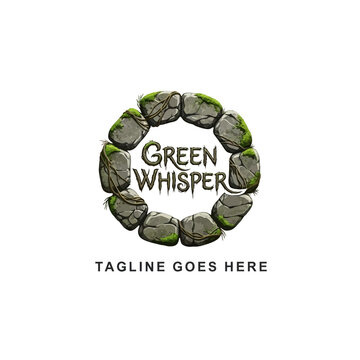 Rustic circular logo with mossy stones and Green Whisper text on white background.
