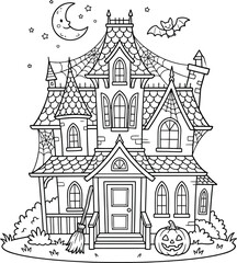Naklejka premium Black and white vintage-style haunted victorian house with bats, moon, and gravestones haunted house