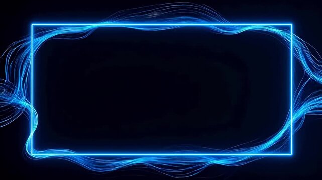 Blue glowing rectangular frame surrounded by flowing light trails in dark technology background