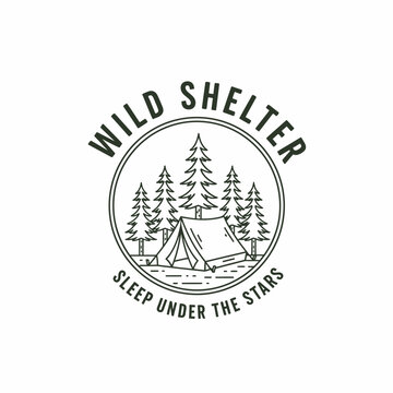 Wild Shelter circular forest badge with tent pine trees illustration for camping outdoor adventure nature logo design