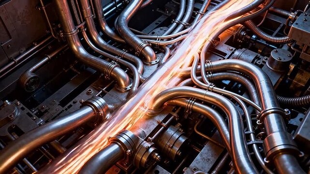Dense silver metal pipes and flanges in industrial plant system