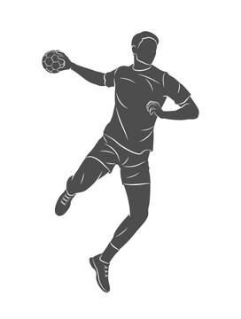 Silhouette of a handball player on a white background. A man handball player throws a ball in a dynamic jump. Vector illustration