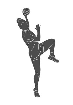 Silhouette of a handball player on a white background. A woman handball player throws a ball in a jump. Vector illustration