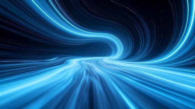 Blue spiral light trails forming a deep space tunnel on black starry background