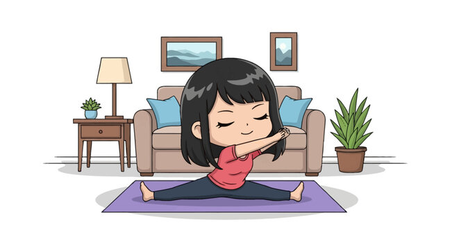 Chibi girl with black hair performing a seated wide-leg straddle split stretch on a purple yoga mat in a living room with sofa, lamp, and potted plant, flat vector cartoon illustration.