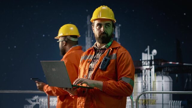 Offshore platform installation manager managing systems during oil crisis using laptop on offshore platform for energy logistics.