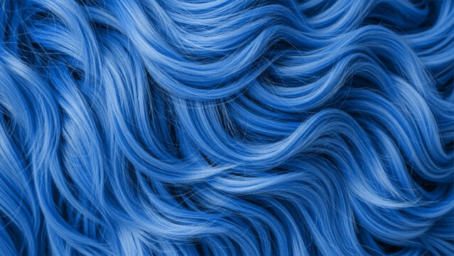 Close-up of wavy hair strands dyed in vibrant shades of blue, featuring flowing curves and highlights in various tones of azure, cobalt, and navy, creating a textured abstract pattern