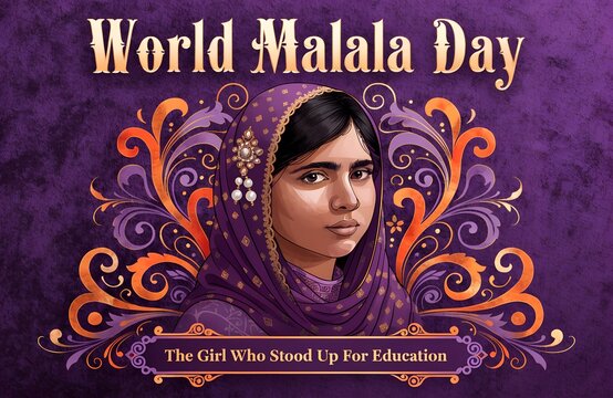 World Malala Day ornate illustrated portrait of Malala Yousafzai with patterned purple headscarf and floral designs symbolizing education, courage, and empowerment generated ai