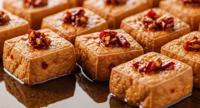 Crispy Fried Tofu Cubes with Spicy Topping, Close-up Shot of Delicious Street Food Dish