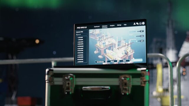 Close up of laptop interface on offshore platform monitoring petrol logistics during supply bottleneck with offshore platform context.