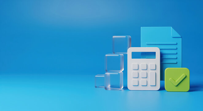 Tax filing services need a calculator and approved invoice scene for bookkeeping firms, payroll apps, expense reports, audit preparation and small business accounting pages with copy space