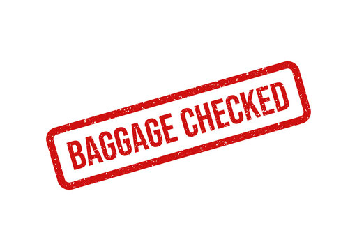 Red baggage checked stamp or label with bold text