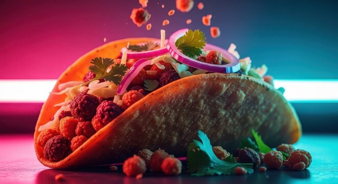 Extreme close-up of a gourmet street taco with vibrant ingredients and falling elements