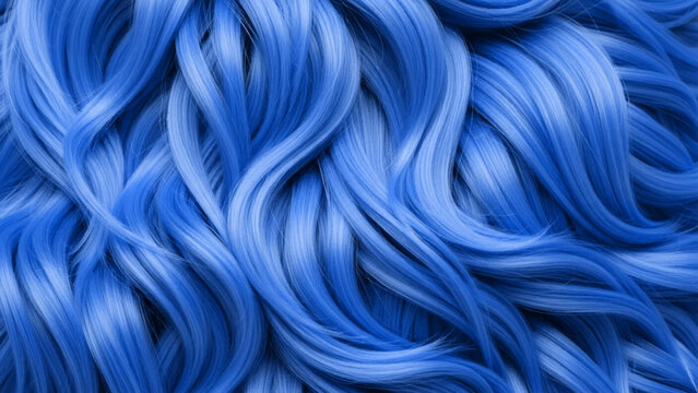 Close-up of flowing wavy hair strands dyed in vibrant shades of blue, creating a textured pattern of overlapping curves and soft highlights