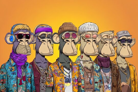 Cartoon ape NFT character with digital art style, cryptocurrency and blockchain concept. Ai Generative