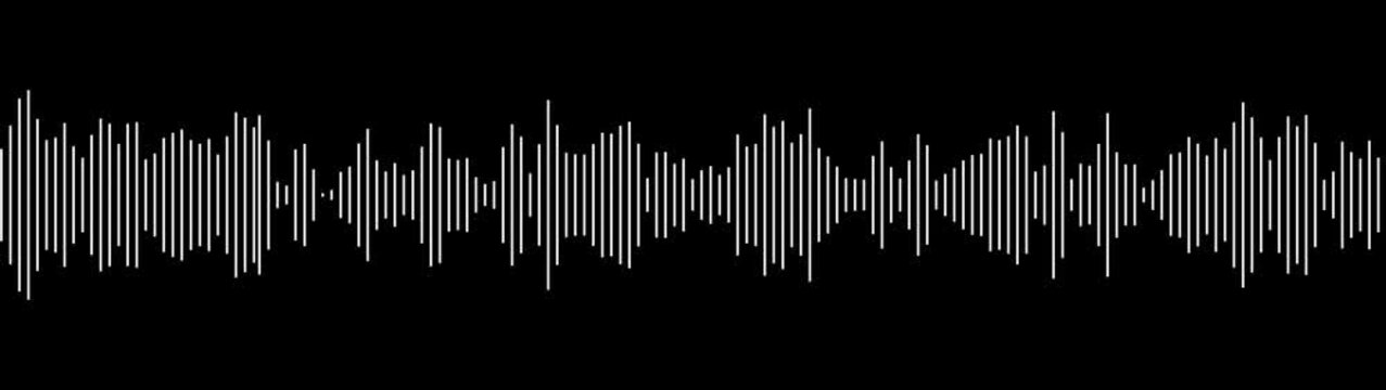 Sound wave animation isolated on black background. Audio waveform with frequency animated lines. minimalist linear audio wave, neon pulse spectrum effect, 4k animated music frequency.