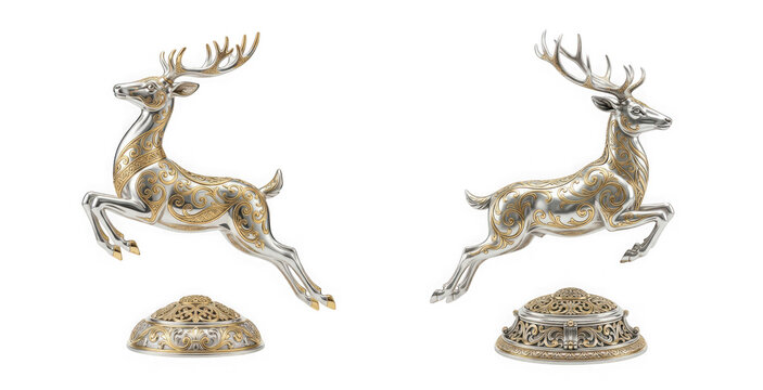 Ornate silver jumping deer ornament decoration wildlife sculpture isolated on transparent background