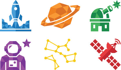 Collection of space and astronomy icons including rocket planet observatory astronaut constellations and satellite flat vector design for science and technology concepts © Hafizbro