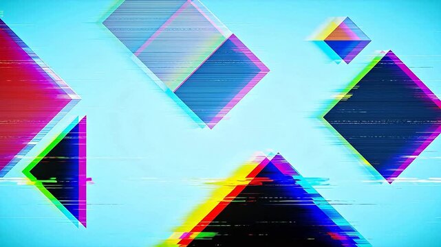 Colorful geometric shapes with digital glitch effect on light blue background