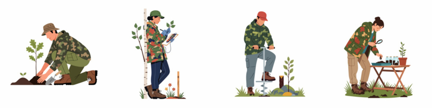 Set of flat vector illustrations featuring foresters and ecologists planting trees, taking measurements, drilling soil, and studying plants to protect the environment.