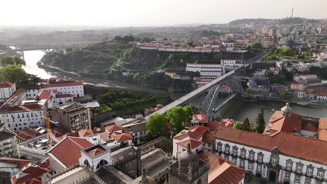 Porto portugal aerial view of cityscape douro river and dom luis i bridge