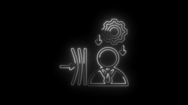 Neon outline of person with gear and arrow icons symbolizing process optimization data input and
