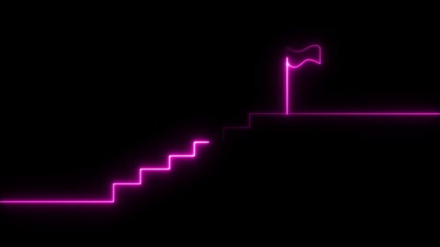 Glowing neon stairs sign with flag icon animation. Neon glowing Person Climbing Stairs Towards Success flag, Glowing neon business graph chart concept. Market signs in neon lights Glowing neon line.