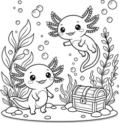 Fototapeta premium Two light pink axolotls swimming among green aquatic plants and bubbles in a underwater