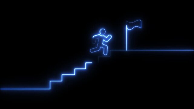 stairs icon sign icon animation on Glowing neon business graph chart concept .Man and stairs icon sign icon