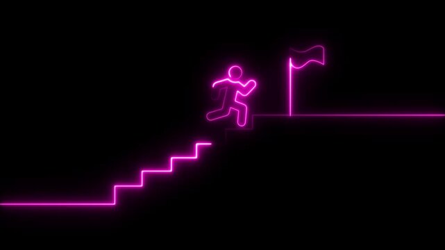 stairs icon sign icon animation on Glowing neon business graph chart concept .Man and stairs icon sign icon