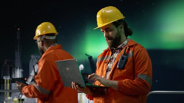 Drilling rig engineer analyzing oil crisis logistics with laptop under aurora borealis sky while offshore platform expert works on blockade strategy using notebook, offshore energy industry context.