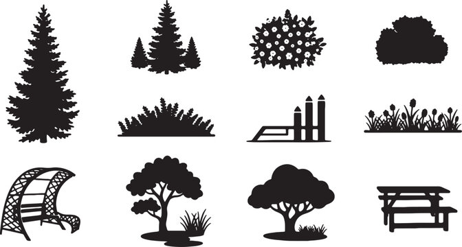 Black silhouettes of landscape elements including pine trees, broadleaf trees, garden bushes, floral borders, a picnic table, and a wooden arbor isolated on a white background.