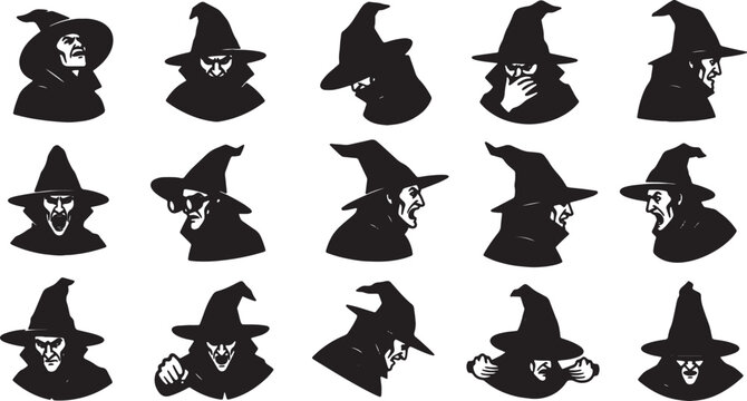 Collection of fifteen black and white vector silhouette illustrations featuring wizard and witch heads with various facial expressions wearing pointed hats and collars on white background.