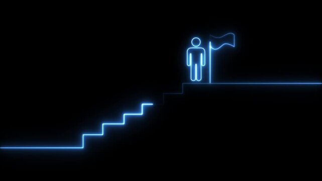 Glowing neon line of man conquering mountain peak icon isolated on transparent background. Neon Success concept .