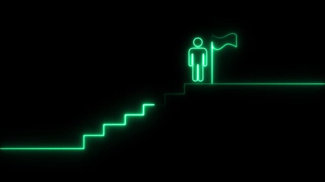 Glowing neon line of man conquering mountain peak icon isolated on transparent background. Neon Success concept .